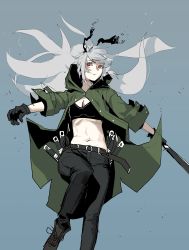 Rule 34 | 1girl, absurdres, ankle boots, belt, black bra, black gloves, black pants, blue background, boots, bra, breasts, bright pupils, brown footwear, cleavage, closed mouth, coat, floating hair, gloves, gogalking, green coat, grey hair, highres, hood, hooded coat, long sleeves, looking at viewer, navel, open clothes, open coat, original, pants, ponytail, red eyes, shadow fang (gogalking), simple background, solo, underwear, white pupils