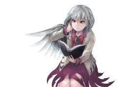 Rule 34 | 1girl, angel wings, book, bow, brooch, dress, hand in own hair, ichiba youichi, jacket, jewelry, kishin sagume, long sleeves, open book, open clothes, open jacket, purple dress, reading, red eyes, silver hair, simple background, single wing, solo, touhou, wings