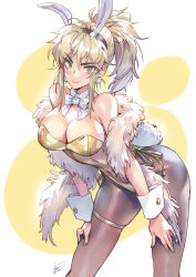 Rule 34 | &gt;:), 1girl, animal ears, bare shoulders, black hairband, blonde hair, bow, bowtie, breasts, cleavage, commentary request, cowboy shot, detached collar, earrings, fake animal ears, feather boa, grey pantyhose, hair between eyes, hairband, jewelry, large breasts, leaning forward, leotard, long hair, looking at viewer, matsuda (matsukichi), original, pantyhose, ponytail, rabbit ears, sidelocks, smile, solo, strapless, strapless leotard, thighs, v-shaped eyebrows, white background, white bow, white bowtie, wrist cuffs, yellow eyes, yellow leotard