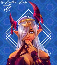 Rule 34 | 1girl, blonde hair, blue eyes, breasts, cleavage, dark skin, fire emblem, fire emblem engage, highres, horns, jewelry, looking at viewer, loustica lucia, medium breasts, multicolored eyes, nintendo, pointy ears, red eyes, revealing clothes, signature, solo, tagme, upper body, zephia (fire emblem)