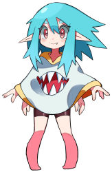 Rule 34 | 1girl, arms at sides, barefoot, bike shorts, blue hair, chest mouth, cloak, commentary request, extra arms, extra mouth, fang, full body, highres, hyou (hyouga617), long pointy ears, medium hair, original, pointy ears, red eyes, sharp teeth, smile, solo, standing, teeth, white background