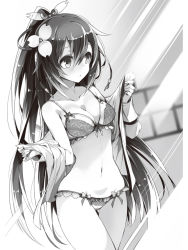 Rule 34 | 1girl, breasts, cleavage, collarbone, copyright request, gluteal fold, greyscale, hair between eyes, hair ornament, hair ribbon, highres, long hair, medium breasts, momi, monochrome, navel, non-web source, off shoulder, ponytail, ribbon, solo, thigh gap, underwear, underwear only, undressing, very long hair