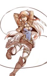 Rule 34 | 1girl, belt bra, birdy cephon altera, blue eyes, boots, breasts, cable, cleavage, cosplay, covered navel, cropped jacket, knee boots, long hair, medium breasts, multicolored hair, red hair, shingeki no kyojin, simonadventure, solo, sword, tetsuwan birdy, tetsuwan birdy decode, thigh strap, three-dimensional maneuver gear, toned, two-tone hair, weapon, white hair
