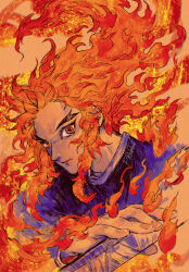 Rule 34 | 1boy, artist name, blonde hair, blurry, burning, colored tips, demon slayer uniform, f rabbit, fingernails, fire, floating hair, forked eyebrows, highres, holding, holding sword, holding weapon, katana, kimetsu no yaiba, long hair, long sleeves, looking at viewer, male focus, multicolored eyes, multicolored hair, portrait, red eyes, red hair, rengoku kyoujurou, sidelocks, simple background, solo, streaked hair, sword, traditional media, weapon, yellow background, yellow eyes