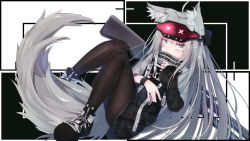 Rule 34 | 1girl, animal ears, asymmetrical sleeves, black pantyhose, commission, covered mouth, dress, full body, grey hair, gun, highres, long hair, long sleeves, looking at viewer, pantyhose, rifle, shoes, skeb commission, sleeves past elbows, su ha ya, sweater, sweater dress, tail, very long hair, vrchat, weapon, wolf ears, wolf girl, wolf tail