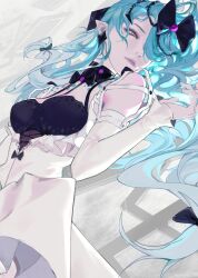 Rule 34 | 1girl, abstract background, aqua hair, bare shoulders, black bow, black bowtie, black bra, bow, bowtie, bra, breasts, chinese commentary, commentary, cross-laced clothes, cross-laced dress, detached collar, detached sleeves, diamond (shape), dress, dress bow, earrings, forehead, hair bow, highres, jewelry, long hair, looking to the side, lying, medium breasts, on back, pale skin, path to nowhere, picture frame, pointy ears, purple lips, serpent (path to nowhere), slit pupils, solo, spaghetti strap, swept bangs, underwear, very long hair, wavy hair, white dress, white sleeves, yellow eyes, zhuling