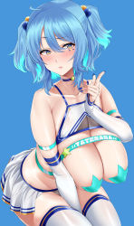 Rule 34 | 1girl, absurdres, bare shoulders, blue hair, blush, breasts, choker, collarbone, covered erect nipples, facial mark, highres, hotate-chan, huge filesize, large breasts, looking at viewer, miniskirt, open mouth, original, pasties, sidelocks, skirt, solo, star pasties, thighhighs, thighs, two side up, white skirt, white thighhighs, yellow eyes