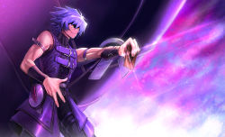 Rule 34 | 1boy, absurdres, arm strap, black pants, blue hair, card, cowboy shot, dark persona, grin, hair between eyes, highres, holding, holding card, johan andersen, long hair, male focus, natsukusa (hacho129), outstretched arm, pants, sleeveless, smile, solo, standing, yellow eyes, yu-gi-oh!, yu-gi-oh! gx