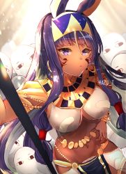 Rule 34 | &lt;o&gt; &lt;o&gt;, 1girl, :&lt;, artist name, bracelet, breasts, commentary request, dark-skinned female, dark skin, earrings, egyptian clothes, facial mark, fate/grand order, fate (series), hand on own hip, hazu t, hoop earrings, jewelry, large breasts, long hair, looking at viewer, low-tied long hair, medjed (fate), navel, nitocris (fate), pelvic curtain, purple eyes, purple hair, solo, very long hair