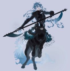 Rule 34 | 1boy, armor, black armor, blue fire, blue hair, blue tail, centaur, dullahan, fiery hair, fiery tail, fire, full body, grey background, grin, hands up, highres, holding, holding scythe, holding weapon, hooves, horse tail, idia shroud, long hair, looking at viewer, male focus, monster boy, monsterification, scythe, sharp teeth, simple background, smile, solo, standing, tail, taur, teeth, twisted wonderland, very long hair, weapon, whale 52hz o, yellow eyes