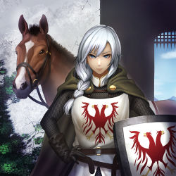 Rule 34 | 1girl, armor, black gloves, blue eyes, braid, bush, chainmail, closed mouth, commentary request, cowboy shot, emblem, fuda no kataribe, gate, gloves, hair between eyes, hair over one eye, highres, holding, holding shield, horse, knight, long hair, looking at viewer, minami koyogi, official art, reins, shield, side braid, single braid, smile, solo, two-headed eagle, white hair