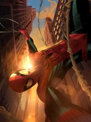 Rule 34 | 1boy, building, cityscape, cloud, cloudy sky, commentary, dansartwork, english commentary, evening, highres, looking at viewer, male focus, marvel, outdoors, scenery, simple background, sky, skyscraper, solo, spider-man, spider-man (series), superhero costume