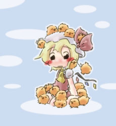 Rule 34 | 1girl, animal, animal on head, animal on lap, animal on shoulder, ascot, barefoot, bird, bird on head, blonde hair, blue background, blush, chibi, chick, flandre scarlet, hat, hat ribbon, meme, mob cap, no nose, on head, on lap, puffy short sleeves, puffy sleeves, ribbon, short hair, short sleeves, simple background, sitting, solo, suo (suoscoffee), too many, too many birds, too many chicks, touhou, wings