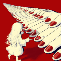 Rule 34 | 1girl, avogado6, barefoot, dress, from behind, hand focus, holding, instrument, long hair, long sleeves, monochrome, original, red background, red theme, white dress, white hair, xylophone