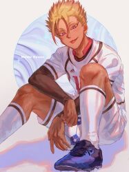 Rule 34 | 1boy, :p, ball, blonde hair, blue footwear, blue lock, character name, collared shirt, commentary, dark-skinned male, dark skin, highres, knees up, kshima mo369, long sleeves, looking at viewer, male focus, purple eyes, shidou ryuusei, shirt, shoes, shorts, sitting, soccer ball, soccer uniform, solo, sportswear, tongue, tongue out, tsurime, white background, white shirt, white shorts