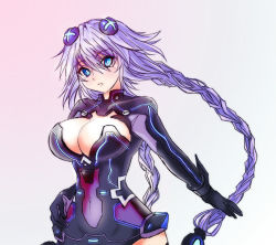 Rule 34 | 10s, 1girl, alternate breast size, amami, amami (syouma), bad id, bad pixiv id, blue eyes, blush, braid, breasts, cleavage, cleavage cutout, clothing cutout, female focus, hair ornament, hand on own hip, kami jigen game neptune v, large breasts, leotard, navel, neptune (neptunia), neptune (series), purple hair, purple heart (neptunia), see-through, simple background, solo, symbol-shaped pupils, twin braids