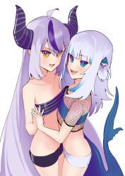 Rule 34 | 2girls, ahoge, black shorts, blue eyes, blue hair, blunt bangs, collarbone, demon horns, dismassd, fins, fish tail, fishnet top, fishnets, gawr gura, grey hair, hair between eyes, highres, holding hands, hololive, hololive english, horns, interlocked fingers, la+ darknesss, long hair, multicolored hair, multiple girls, open mouth, purple hair, shark tail, short shorts, short sleeves, shorts, simple background, streaked hair, striped horns, tail, teeth, upper teeth only, virtual youtuber, white background, white shorts, yellow eyes