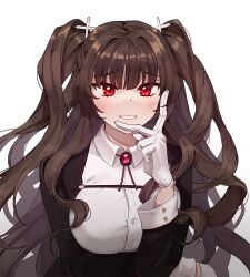Rule 34 | 1girl, black jacket, blush, breasts, brooch, collared shirt, gg dal, gloves, grin, jacket, jewelry, large breasts, leaning forward, long hair, long sleeves, looking at viewer, original, red eyes, shirt, simple background, smile, solo, twintails, upper body, very long hair, white background, white gloves, white shirt, wing collar