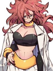 Rule 34 | 1girl, android 21, black nails, blue eyes, breasts, choker, cleavage, closed mouth, collarbone, cosplay, dragon ball, dragon ball fighterz, earrings, fingernails, glasses, hoop earrings, jewelry, kemachiku, lab coat, long hair, looking at viewer, majin android 21, majin android 21 (cosplay), medium breasts, midriff, nail, nail polish, navel, open clothes, red hair, solo, yellow choker