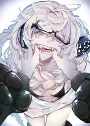 Rule 34 | 1girl, abyssal ship, bikini, black bikini, black gloves, braid, breasts, finger in another&#039;s mouth, glasses, crooked eyewear, gloves, highres, kantai collection, leaning forward, long hair, messy hair, ruohire9, sharp teeth, small breasts, solo focus, supply depot princess, swimsuit, tears, teeth, thigh gap, white background, white hair