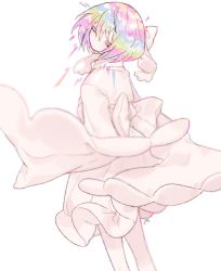 Rule 34 | 1other, back bow, blush, bow, closed eyes, colored eyelashes, commentary request, crystal hair, diamond (houseki no kuni), dress, facing back, facing viewer, frilled dress, frills, hair bow, houseki no kuni, korean commentary, long sleeves, medium hair, multicolored hair, no mouth, other focus, rainbow hair, shaft look, sidelocks, simple background, solo, u emper, white background, white bow, white dress, wide sleeves