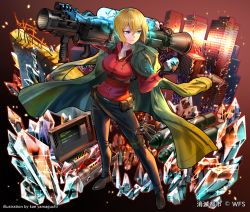Rule 34 | belt, black pants, blonde hair, blue eyes, brown footwear, cityscape, closed mouth, coat, collared shirt, contrapposto, crystal, dress shirt, full body, gloves, hair between eyes, highres, holster, kaekae, looking at object, official art, open clothes, open coat, pants, red shirt, shirt, shirt tucked in, short hair, shoumetsu toshi, thigh holster, tight clothes, tight pants, tight shirt, wing collar