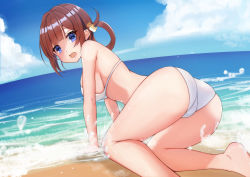 Rule 34 | 1girl, all fours, ayamy (vtuber), beach, bikini, bikini top only, blue eyes, breasts, cat hair ornament, embarrassed, hair ornament, highres, indie virtual youtuber, looking at another, nokmaaa, open mouth, sand, sky, splashing, swimsuit, virtual youtuber, water drop, white bikini