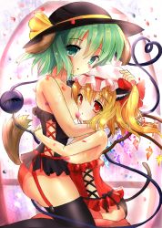 Rule 34 | 2girls, :o, alternate costume, animal ears, bare arms, bare shoulders, black hat, black legwear, blonde hair, blush, bow, breasts, cat ears, cat tail, convenient censoring, corset, crystal, dog ears, dog tail, eyeball, flandre scarlet, from side, green eyes, green hair, hat, hat bow, hat ribbon, heart, heart of string, highres, hug, kemonomimi mode, kneeling, komeiji koishi, looking at viewer, looking to the side, mob cap, mogupuchi, multiple girls, panties, petals, red bow, red eyes, red legwear, red panties, ribbon, side ponytail, small breasts, tail, thighhighs, third eye, touhou, underwear, wings, yellow ribbon