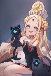 Rule 34 | 1girl, abigail williams (fate), abigail williams (swimsuit foreigner) (second ascension) (fate), black cat, black jacket, blonde hair, blue eyes, blush, braid, braided bun, breasts, cat, double bun, dress swimsuit, fate/grand order, fate (series), forehead, hair bun, hat, highres, jacket, keyhole, long hair, looking at viewer, mitre, miya (miyaruta), off shoulder, one-piece swimsuit, open mouth, parted bangs, small breasts, smile, swimsuit, white headwear, white one-piece swimsuit