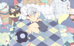 Rule 34 | 1boy, bed, cake, closed eyes, feet, flat color, food, full body, inazuma eleven, inazuma eleven (series), lots of laugh, lying, male focus, on side, pale color, pastry, pillow, short hair, shorts, sleeves rolled up, socks, solo, stuffed animal, stuffed toy, suzuno fuusuke, vocaloid, white hair