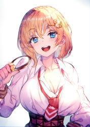 Rule 34 | 1girl, blonde hair, blue eyes, blush, breasts, brown skirt, cleavage, collarbone, collared shirt, dress shirt, hair ornament, high-waist skirt, hololive, hololive english, large breasts, long sleeves, looking at viewer, loose necktie, magnifying glass, necktie, open mouth, plaid, plaid skirt, red neckwear, redcomet, shirt, simple background, skirt, smile, virtual youtuber, watson amelia, watson amelia (1st costume), white background, white shirt