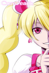 Rule 34 | 00s, 1girl, blonde hair, bloom, character name, choker, cure peach, fresh precure!, grin, hair ornament, heart, heart hair ornament, highres, long hair, magical girl, momozono love, nishi koutarou, out of frame, pink eyes, portrait, precure, simple background, smile, solo, upper body, white background