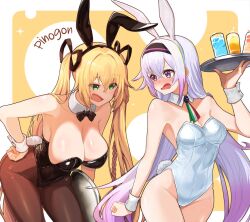 Rule 34 | .live, 2girls, annoyed, bent over, blonde hair, blush, breasts, carro pino, cleavage, cup, green eyes, groin, headband, juice, kongou iroha, large breasts, leotard, long hair, looking at another, multiple girls, pantyhose, playboy bunny, purple eyes, purple hair, ribbon, rune (ru-nn), simple background, small breasts, tray, twintails, virtual youtuber