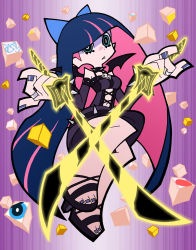 Rule 34 | 10s, 1girl, alternate costume, aqua eyes, bad id, bad pixiv id, bow, dark persona, demon wings, dual wielding, holding, multicolored hair, nail polish, official style, panty &amp; stocking with garterbelt, panty (psg), purple nails, solo, spoilers, stocking (psg), stripes i &amp; ii, sword, two-tone hair, weapon, wings, yuuya (yu-ya&#039;s)