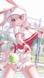 Rule 34 | 1girl, animal ear fluff, animal ears, bae.c, ball, breasts, chain-link fence, collared shirt, commentary request, cowboy shot, day, extra ears, eyes visible through hair, fence, hair between eyes, hand up, hat, highres, holding, holding racket, large breasts, long hair, miniskirt, nail polish, one side up, open mouth, outdoors, pleated skirt, rabbit ears, racket, red eyes, red shirt, shirt, short sleeves, skirt, smile, solo, sportswear, standing, sweat, tennis, tennis ball, tennis racket, tennis uniform, tsumi no hahen (debris), visor cap, white hair, white hat, white skirt, yellow nails