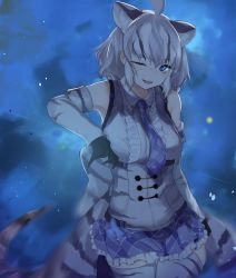 Rule 34 | 10s, 1girl, absurdres, animal ears, bad id, bad twitter id, black gloves, blue eyes, blue necktie, blue skirt, cave lion (kemono friends), cloud, collared shirt, cowboy shot, detached sleeves, dnsdltkfkd, empty eyes, extra ears, frilled shirt, frilled shirt collar, frilled skirt, frills, gloves, highres, kemono friends, lion ears, lion tail, looking at viewer, miniskirt, multicolored hair, necktie, night, night sky, one eye closed, outdoors, plaid, plaid necktie, plaid neckwear, plaid skirt, shirt, skirt, sky, sleeveless, sleeveless shirt, solo, star (sky), streaked hair, tail, white hair