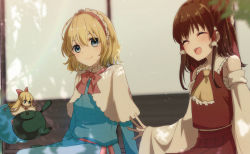 Rule 34 | 3girls, :d, alice margatroid, aoi (annbi), ascot, blonde hair, blouse, blue dress, blue eyes, blurry, blurry foreground, bow, bowtie, capelet, closed mouth, detached sleeves, dress, closed eyes, frilled hairband, frills, hair bow, hair tubes, hairband, hakurei reimu, lolita hairband, looking at viewer, medium hair, multiple girls, open mouth, outdoors, red bow, red bowtie, red hairband, red shirt, red skirt, sarashi, shanghai doll, shirt, short hair, sidelocks, sitting, skirt, smile, teapot, touhou, white capelet, wide sleeves, yellow ascot