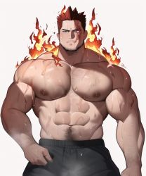 Rule 34 | 1boy, abs, ai-assisted, bara, beard, biceps, blue eyes, boku no hero academia, doosoo, endeavor (boku no hero academia), facial hair, feet out of frame, fire, hairy, large pectorals, looking at viewer, male focus, manly, mature male, muscular, muscular male, navel, navel hair, nipples, pants, pectorals, red hair, scar, short hair, simple background, solo, spiked hair, steam, steaming body, sweat, sweatdrop, thick arms, thick eyebrows, white background