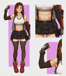 Rule 34 | 1girl, abs, absurdres, bare shoulders, biceps, black skirt, breasts, brown hair, cleavage, close-up, commentary, covered erect nipples, crop top, effy neprin, elbow gloves, elbow pads, english commentary, final fantasy, final fantasy vii, fingerless gloves, gloves, highres, large breasts, long hair, looking at viewer, materia, midriff, navel, red eyes, red footwear, shirt, skirt, smile, solo, suspender skirt, suspenders, suspenders gap, tank top, taut clothes, taut shirt, tifa lockhart, white tank top