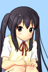 Rule 34 | 1girl, :o, black hair, blush, brown eyes, hands on own knees, inaton, k-on!, long hair, motefu, nakano azusa, neck ribbon, open mouth, red ribbon, ribbon, school uniform, solo, squatting, sweater, sweater vest, twintails