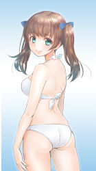 Rule 34 | 10s, 1girl, aqua eyes, ass, back, bad id, bad pixiv id, bare arms, bare back, bare legs, bare shoulders, bikini, blush, brave witches, breasts, brown hair, female focus, georgette lemare, hair ribbon, legs, long hair, looking at viewer, looking back, ribbon, sideboob, smile, solo, standing, strike witches, swimsuit, totonii (totogoya), twintails, white bikini, world witches series