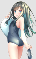 Rule 34 | 1girl, asashio (kancolle), ass, black hair, black one-piece swimsuit, blue eyes, blush, breasts, comah, commentary request, competition school swimsuit, cowboy shot, from behind, grey background, highres, holding, holding clothes, kantai collection, kickboard, long hair, looking at viewer, looking back, one-piece swimsuit, open mouth, school swimsuit, simple background, small breasts, solo, swimsuit, towel