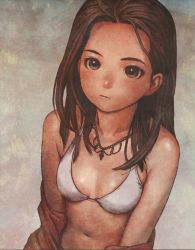 Rule 34 | 1girl, bra, brown eyes, brown hair, expressionless, forehead, highres, jewelry, looking at viewer, looking up, murata range, necklace, off shoulder, skindentation, solo, swimsuit, underwear