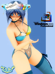 Rule 34 | 1girl, 2k-tan, artist request, bare arms, bikini, blue eyes, blue hair, breasts, facing viewer, glasses, green bikini, green thighhighs, looking at viewer, looking over eyewear, medium breasts, os-tan, solo, standing, swimsuit, tagme, thighhighs, windows 2000