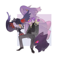 Rule 34 | 1boy, animal, animal around neck, black footwear, black gloves, black jacket, black pants, black sweater, closed mouth, collared jacket, colored skin, creatures (company), delcatty, earrings, game freak, gen 1 pokemon, gen 3 pokemon, gen 4 pokemon, gengar, gloves, gradient background, highres, honchkrow, invisible chair, jacket, jewelry, long sleeves, looking at viewer, male focus, mismagius, nintendo, own hands clasped, own hands together, pants, pokemon, pokemon (creature), purple background, purple hair, purple skin, purple theme, red eyes, saibou shinkyoku, short hair, sitting, smile, solo, sweater, theodore riddle, turtleneck, turtleneck sweater, yulei yuuuuu