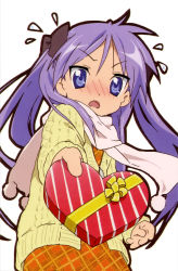 Rule 34 | 00s, 1girl, absurdres, blush, coat, gift, heart, highres, hiiragi kagami, holding, holding gift, incoming gift, long hair, lucky star, pov, purple eyes, purple hair, ribbon, scarf, skirt, solo, twintails, valentine