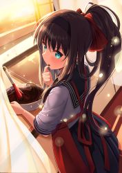 Rule 34 | 1girl, absurdres, apron, blue eyes, blush, breasts, brown hair, highres, i.f.s.f, long hair, long sleeves, looking at viewer, looking back, medium breasts, ponytail, red apron, skirt, solo, tohno akiha, tsukihime