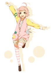 Rule 34 | 10s, 1boy, ahoge, asahina wataru, brothers conflict, full body, jacket, male focus, open mouth, patterned legwear, pink hair, rabbit, sekina, short hair, shorts, simple background, smile, solo, striped clothes, striped thighhighs, thighhighs, trap, white background, yellow eyes