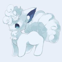 Rule 34 | :3, alolan form, alolan vulpix, animal focus, blank eyes, blue background, blue eyes, blue theme, closed mouth, creatures (company), from side, full body, game freak, gen 7 pokemon, happy, highres, merino (merino 9999), nintendo, no humans, pokemon, pokemon (creature), short hair, simple background, smile, solo, standing, white hair