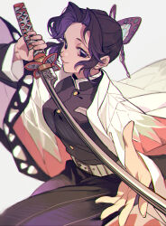 Rule 34 | 1girl, arm up, belt, belt buckle, black hair, breasts, buckle, bug, butterfly, butterfly hair ornament, buttons, closed mouth, collar, demon slayer uniform, gradient hair, grey background, hair ornament, haori, highres, holding, holding sword, holding weapon, insect, japanese clothes, katana, kimetsu no yaiba, kochou shinobu, lips, long sleeves, looking at viewer, medium breasts, multicolored hair, parted bangs, purple eyes, purple hair, qin (7833198), short hair, simple background, smile, solo, sword, sword writing, unsheathed, upper body, weapon, white belt